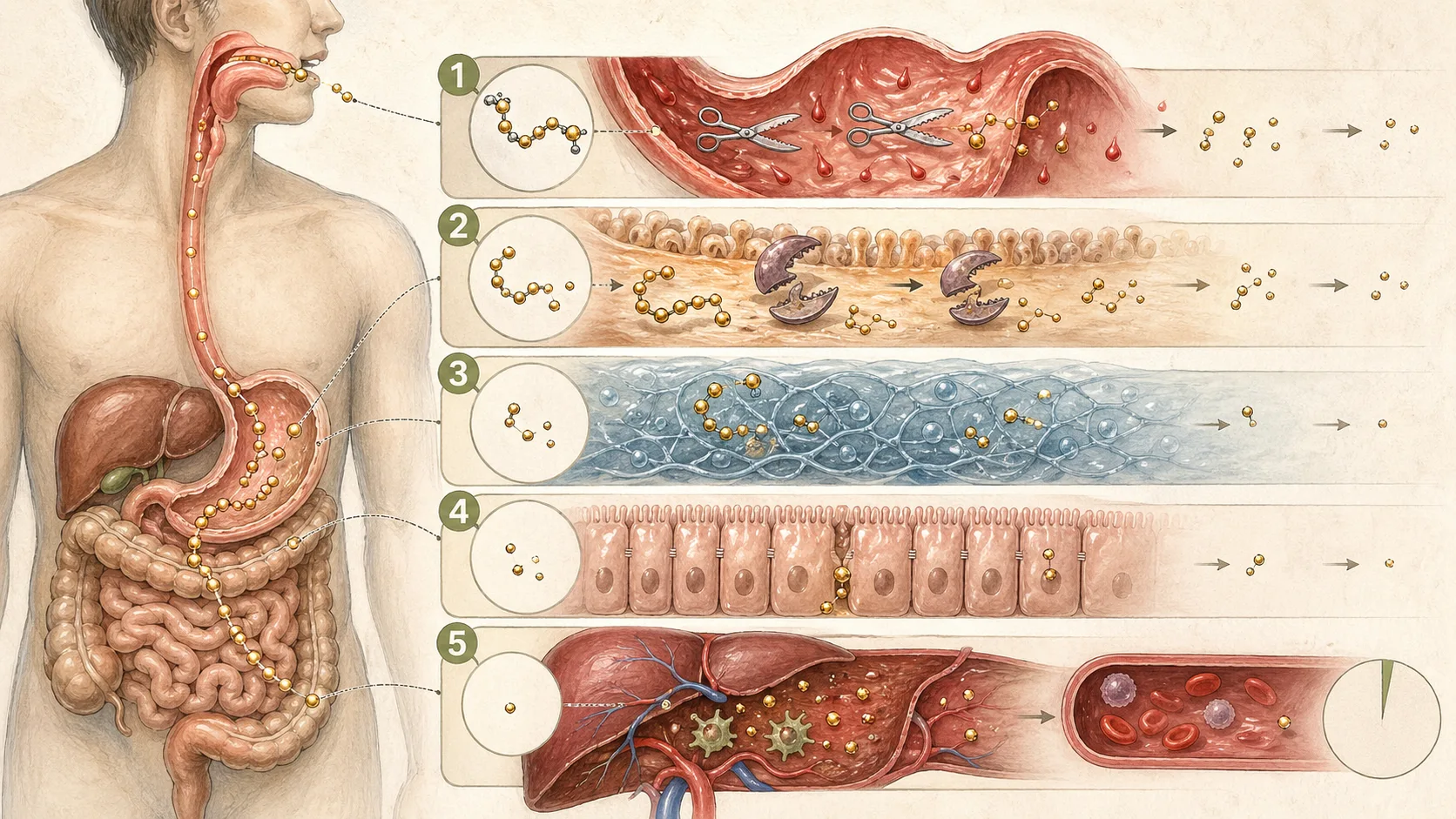 Diagram of the GI absorption gauntlet showing how peptides are progressively degraded from gastric acid and pepsin through pancreatic proteases, mucus, the epithelial barrier, and first-pass hepatic metabolism, leaving roughly 0.4–1% bioavailability for SNAC-formulated oral semaglutide.